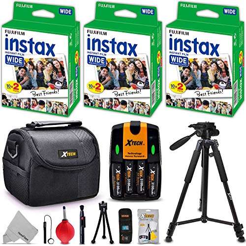 Xtech FujiFilm Instax Wide Accessories Kit for Fujifilm Instax 300 210 200 Wide Includes: 3 Pack Wide Film (60 Exposures), 4AA Batteries with Charger, Fitted Case + 60 Tripod + More 2