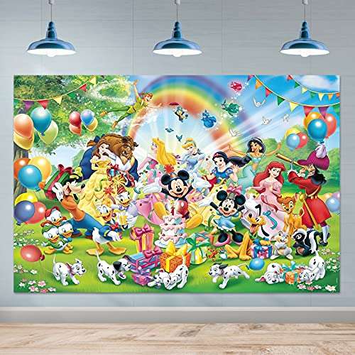 Disney Cartoon Anime Characters Photography Backdrop for Kids Happy Birthday Party Decoration Photo Background Baby Shower Cake Table Studio Photo Booth Prop Banner，5X3ft 2