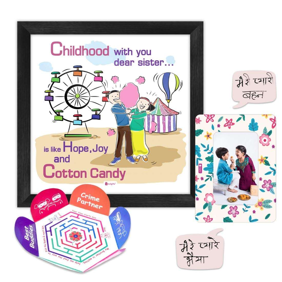 Indigifts Sister Birthday Gift | Poster Frame 6"x6", 1 Photo Fridge Magnet & Greeting Card | Rakhi Gift for Sister, Rakshabandhan Gifts for Sister, Rakhi 2