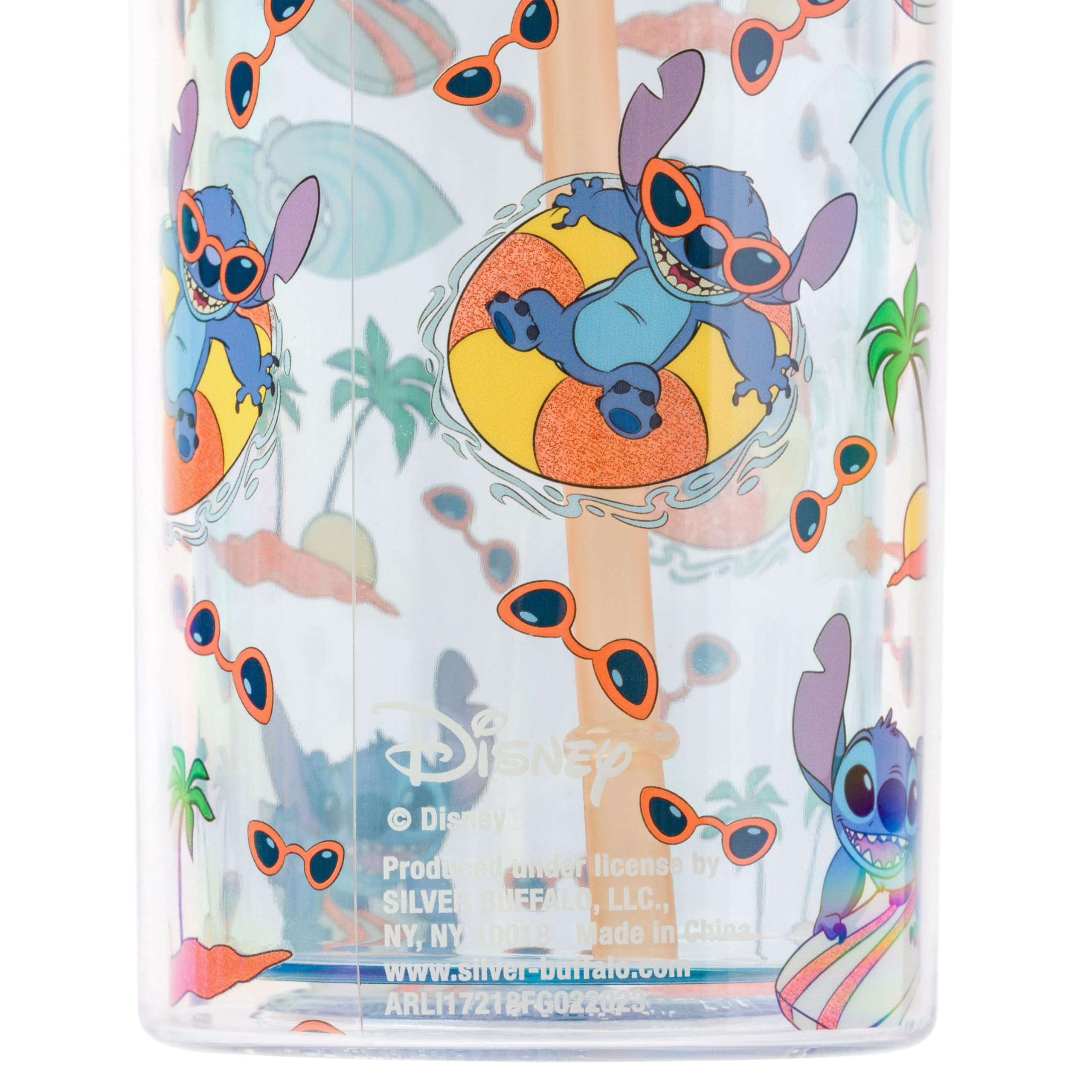 Silver Buffalo Disney Lilo and Stitch Beach Island Stitch in Floatie Swim Ring Plastic Glitter Cold Cup with Lid and Straw, 20 Ounces 6