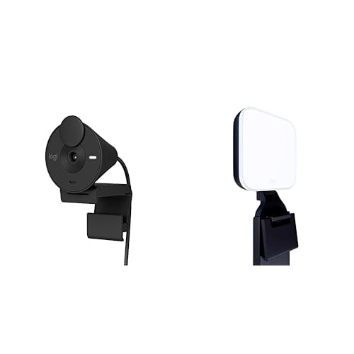 Logitech Brio 301 Full HD Webcam with Privacy Shutter, Noise Reduction Microphone-Off White + Litra Glow Premium LED Streaming Light with TrueSoft, adjustable monitor mount 1