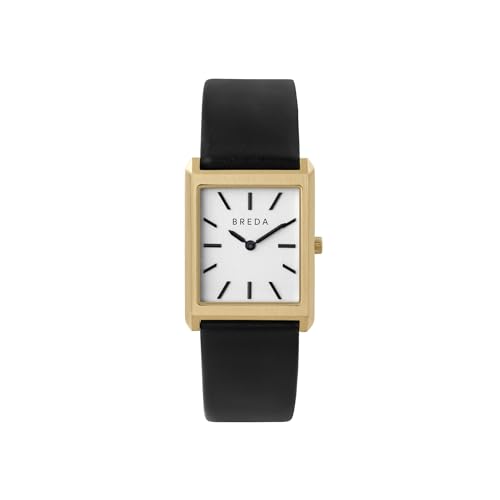 Breda Virgil Rectangle Watch, 18K Gold-Plated Case, Black Genuine Leather Band, Japanese Miyota Quartz Movement, Water-Resistant, 26mm