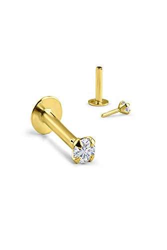 14k Yellow Gold Threadless Push Pin Labret Nose Ring Stud 1/4" 6mm Post 3mm Clear CZ 18G 2