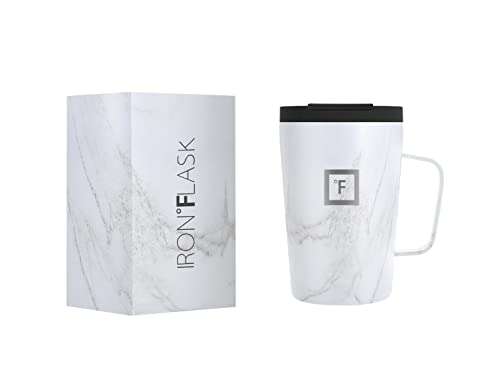 IRON °FLASK Grip Coffee Mug 2.0-12 Oz, Leak Proof, Vacuum Insulated Stainless Steel Bottle, Double Walled, Thermo Travel, Hot Cold, Water Metal Canteen - Carrara Marble