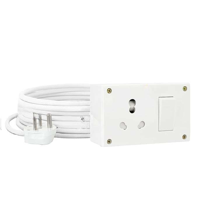 Bigpalycoan Electric Extension Board with 1 Socket & 1 Switch, 16A 2500W Surge Protected Power Strip with 3 Meter Cord for Home, Office, AC, EV Charging, Gadgets, Fridge, Cooler (White, 220V) 1