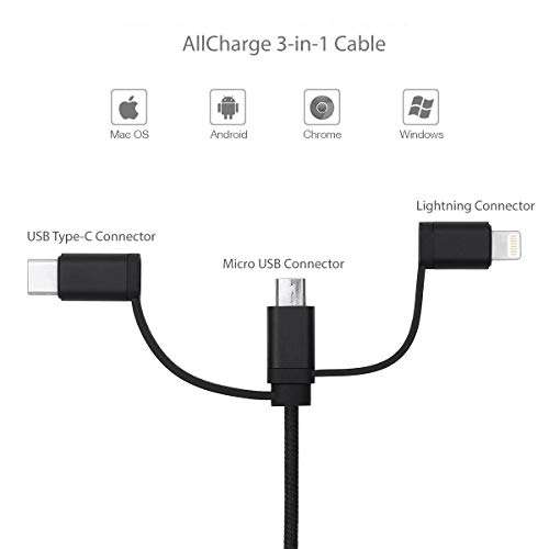 BoxWave Cable Compatible with JVC HA-C300 - AllCharge 3-in-1 Cable for JVC HA-C300 - Jet Black 3
