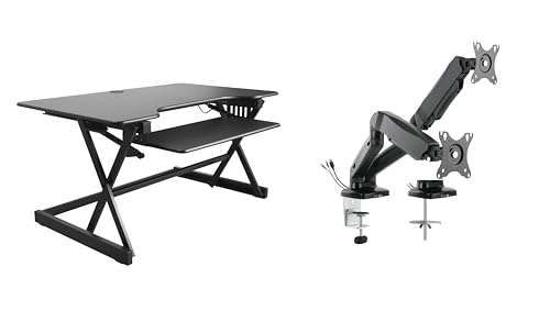 Rocelco 40" Height Adjustable Standing Desk Converter with AC Outlet USB Charger and Dual Monitor Arm Mount - Sit Stand Up Tabletop Riser - Sliding Keyboard Tray - Black (R DADRB-40-ACUSB-MA2)
