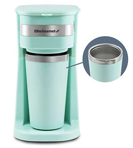 Elite Gourmet EHC117M Personal Single-Serve Compact Coffee Maker Brewer Includes 14Oz. Thermal Travel Mug with Stainless Steel Interior, Compatible with Coffee Grounds, Reusable Filter, Mint