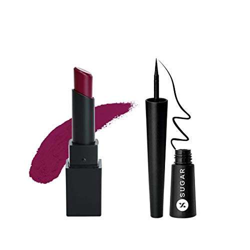 SUGAR Cosmetics Nothing Else Matter Longwear Lipstick - 08 Berry Picking (Berry) with Gloss Boss 24HR Eyeliner - 01 Back In Black (Black), 50 g (Pack of 2) 1