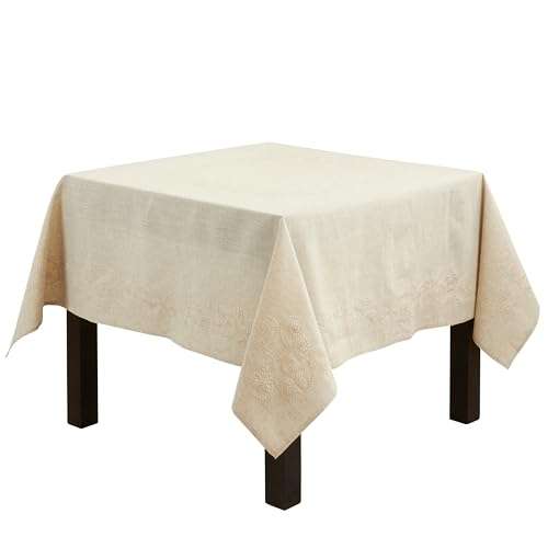 SARO LIFESTYLE Embroidered Swirl Design Linen Blend Tablecloth, 67", Natural