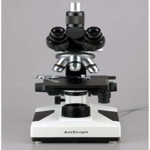 AmScope T490B-DK Compound Trinocular Microscope, WF10x and WF20x Eyepieces, 40X-2000X Magnification, Brightfield/Darkfield, Halogen Illumination, Abbe Condenser, Double-Layer Mechanical Stage, Sliding Head, High-Resolution Optics 3