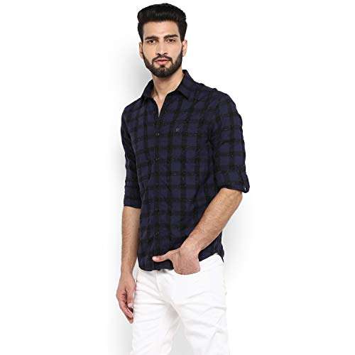 Mufti Men's Slim Fit Shirt (MFS-10032-I_05-Navy_XXL_Navy Blue_2XL) 4