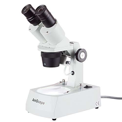 AmScope SE306R-AY Forward-Mounted Binocular Stereo Microscope, WF10x and WF15x Eyepieces, 20X/30X/40X/60X Magnification, 2X and 4X Objectives, Upper and Lower Halogen Lighting, Reversible Black/White Stage Plate, Arm Stand, 120V 1