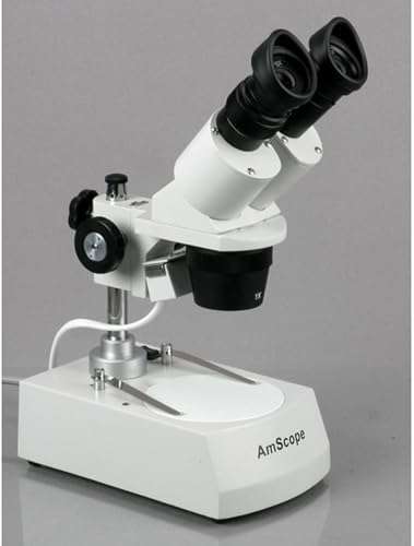 AmScope SE305R-PX Forward-Mounted Binocular Stereo Microscope, WF5x and WF10x Eyepieces, 5X/10X/15X/30X Magnification, 1X and 3X Objectives, Upper and Lower Halogen Lighting, Reversible Black/White Stage Plate, Pillar Stand, 120V 3