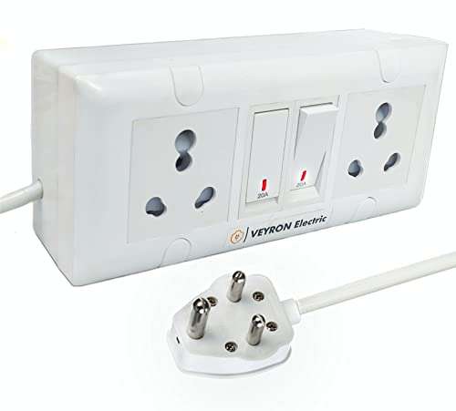 Veyron Electric Extension Board - Two 6/16A Socket and Two 16A (15A) Indicator Switch, 5 Meter Long 1.5 Sq mm 3 Core Heavy Duty Wire Cable Cord with 16 Amp (15 Amp) 3 Pin Plug (5 Meter) 1