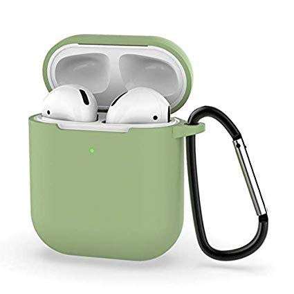 Airpods 2 Protective, Soft Chargeable, Protective Silicone Skin Cover Case Earphone Sleeve, Headphone Shockproof, Anti-Lost Carabiner (Matcha Green)