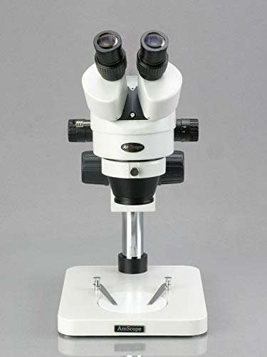 AmScope SM-1BSY-64S Professional Binocular Stereo Zoom Microscope, WH10x Eyepieces, 7x-90x Magnification, 0.7X-4.5X Zoom Objective, 64-Bulb LED Ring Light, Pillar Stand, 110V-240V, Includes 2.0x Barlow Lens 2