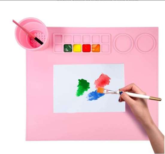 Roxbury Silicone 43 * 38cm Multipurpose Washable Craft Mat with Cleaning Cup Non-Slip Resistant Mat Modern Paint Clay Mat Dishwasher-Safe Arts and Crafts Painting Resin Casting 1