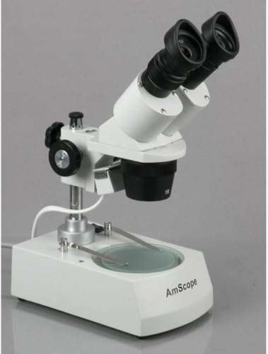 AmScope SE305R-PX Forward-Mounted Binocular Stereo Microscope, WF5x and WF10x Eyepieces, 5X/10X/15X/30X Magnification, 1X and 3X Objectives, Upper and Lower Halogen Lighting, Reversible Black/White Stage Plate, Pillar Stand, 120V 4