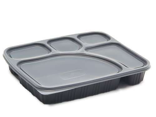Tia Crafts Microwave Safe 5 Compartment Meal Tray with lid for Dinner, Lunch | Made of 100% BPA Free Food Virgin Plastic Black (10) 3