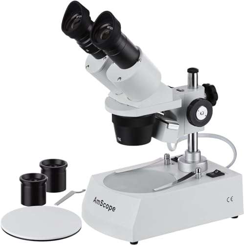 AmScope SE305R-PZ Forward Binocular Stereo Microscope, WF10x and WF20x Eyepieces, 10X-60X Magnification, 1X and 3X Objectives, Upper and Lower Halogen Light Source, Pillar Stand, 120V , White 1
