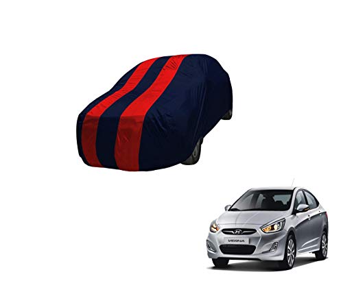 Auto Hub Car Cover Compatible Hyundai Verna Fluidic (Model : 2013-2017) with Mirror Pocket, Water Resistant, Triple Stitched, Verna Fluidic Car Cover- Navy-Red