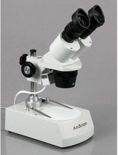 AmScope SE305R-PZ-E2 Digital Forward-Mounted Binocular Stereo Microscope, WF10x and WF20x Eyepieces, 10X/20X/30X/60X Magnification, 1X and 3X Objectives, Upper and Lower Halogen Lighting, Reversible Black/White Stage Plate, Pillar Stand, 120V, Includes 2MP Camera and Software 4