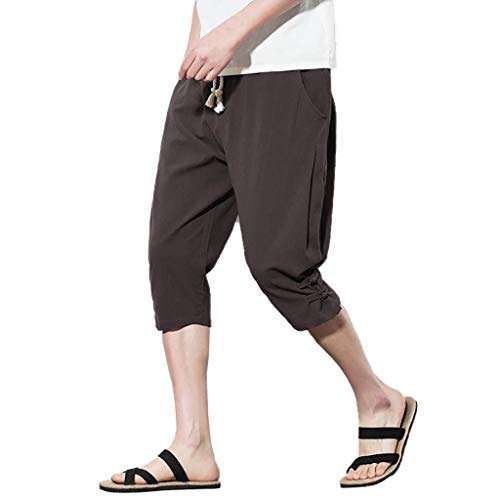 Hmlai Clearance Men Shorts Casual Big and Tall Elastic Waist Fashion Leisure Linen Loose Fit Calf-Length Linen Pants (2XL, Brown) 1