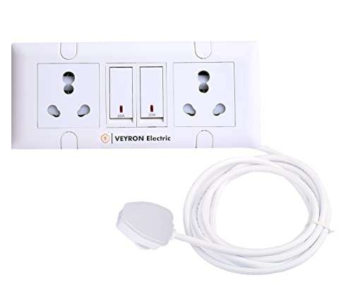 Veyron Electric Extension Board - Two 6/16A Socket and Two 16A (15A) Indicator Switch, 5 Meter Long 1.5 Sq mm 3 Core Heavy Duty Wire Cable Cord with 16 Amp (15 Amp) 3 Pin Plug (5 Meter) 3