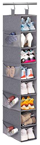 KIMBORA 8-Shelf Hanging Shoe Organizer with 8 Side Mesh Pockets Shoe Holder for Closet Hat Rack, Grey 1