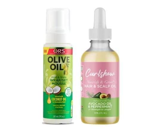 ORS Olive Oil Hold & Shine Wrap Set Mousse Infused with Coconut Oil for Restorative Shine - Olive Oil Curlshow Nourish & Grow* Hair & Scalp Oil Infused with Avocado Oil & Peppermint - Bundle 1