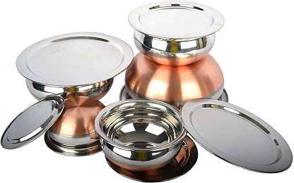 ALWAFLI Handi Set Copper Bottom Handi Set of 5pc pcs Piece with lid Kitchen Serving, Cooking Bowl, Dining Handi, Cookware Set, Lid Handi (Silver) (5 Piece with Lid) 1