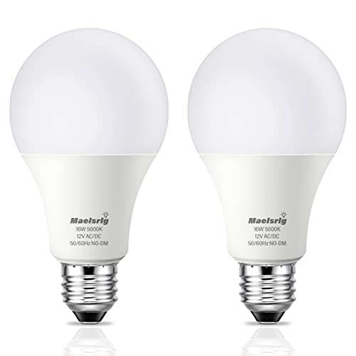 12V LED Light Bulbs, 100W-120W Equivalent, Daylight 5000K, 16W 1600 Lumens, 12 Volt AC/DC, Non-Dimmable, E26 Base, Low Voltage Light Bulbs for Boat, RV, Shed, Off Grid Cabin, and Solar Power, 2-Pack