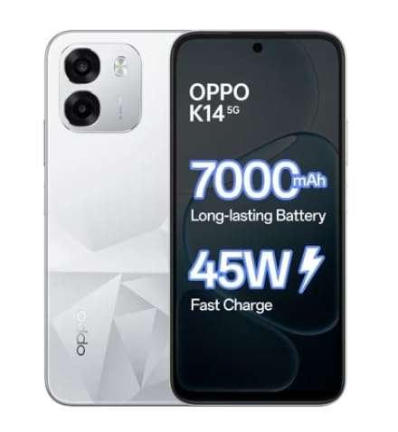 OPPO K14 5G Smartphone, Prism White, 6GB RAM, 128GB Storage, 7000 mAh Battery, 45W Fast Charge