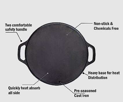 Pre Seasoned Dosa Tawa cast iron skillet iron tawa cast iron cookware cast iron dosa tawa dosa skillet cast iron chapati skillet with two handles 12" pancake pan omelette pan 2