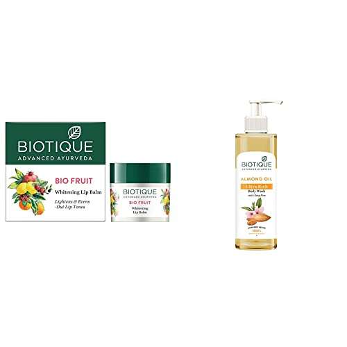 Biotique Bio Fruit Whitening Lip Balm, 12g & Biotique Almond Oil Ultra Rich Body Wash, Botanical Extracts, 200 ml 1