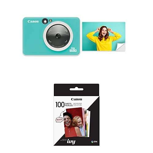 Canon Ivy CLIQ 2 Instant Camera Printer, Mini Photo Printer, Turquoise (Matte) + Canon ZINK™ Sticky Back Photo Paper Pack (100 Sheets)