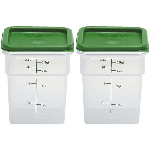 Cambro Food Storage Container with Lid (Microwave Safe and BPA-Free) - 2 Pack - Classic Series Square with Green Lid - 4 QT (Quart) - Commercial Grade for Food Prep (Translucent)