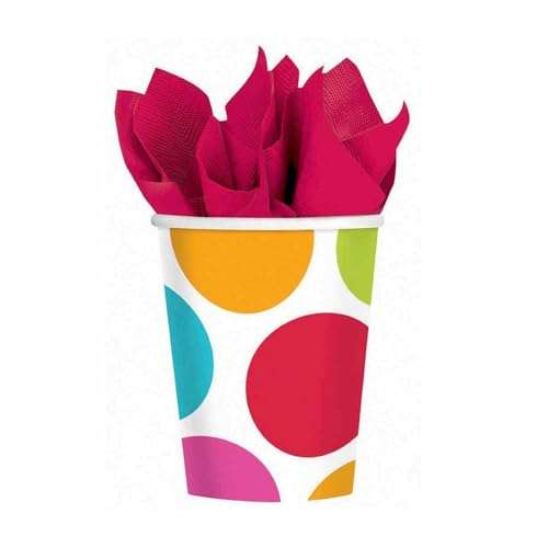 Amscan Cabana Dots Paper Cups Birthday Party Hot and Cold Beverage Drinks Disposable Tableware and Drinkware (8 Pack), Multi Color, 9 oz..