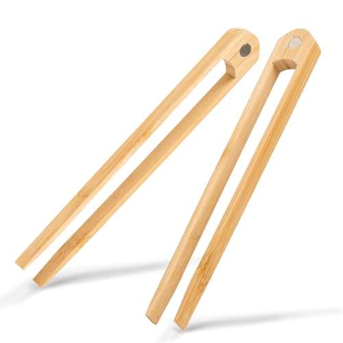 KAQISIMILA 8.9 Inch Natural Bamboo Toaster Tongs with Magnetic Holder -Kitchen Utensils for Toast, Bacon, Muffins, Bagels (2-Pack) 1