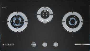 Bosch Built in Gas Hob Black Tempered glass Glass 3 Burner Auto Ignition 70 cm 2 Mini Triple Ring Brass Burner and 1 Double Ring Brass (PMD83D31NX)