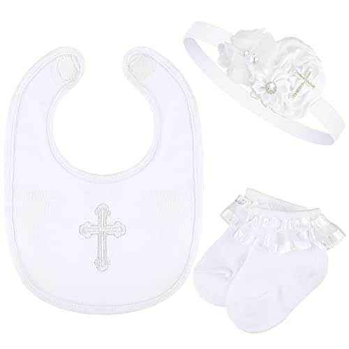 Geyoga 3 Pcs Baptism Bib for Baby Girl Baptism Candle Set Socks Pearl Headband Embroidered White Christening Outfit Bib(6-12 Months) 1