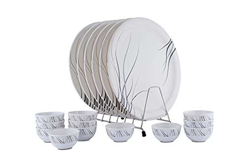 Primelife Melamine Dinnerware Set - 18 Pcs Outdoor and Indoor Use Melamine Dinner Plates and Bowls Set 6 Plates & 12 Bowls Heavyweight Unbreakable - White (F Black 18 Pcs)