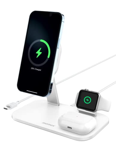 MOMAX Magnetic Wireless Charging Station，25W 3 in 1 Q.Mag Pro Wireless Charger Stand Fast Charging Station only for iPhone 15,14,13,12 Series, AirPods Pro, Apple Watch 1-9 Series (No AC Adapter)