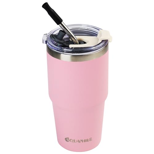 AQUAPHILE 20 oz Insulated Tumbler, Stainless Steel Travel Mug with Lid and Straw, Double Wall Vacuum Leak Proof Portable Coffee Tumbler, Thermal Cup for Car, Camping, Outdoor(Pink)