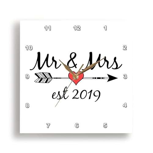 3dRose Wall Clock Silent - 10 inch - Mr and Mrs Est 2019 Black Lettering and Arrow with red Heart on White. - Stamp City - Typography 2