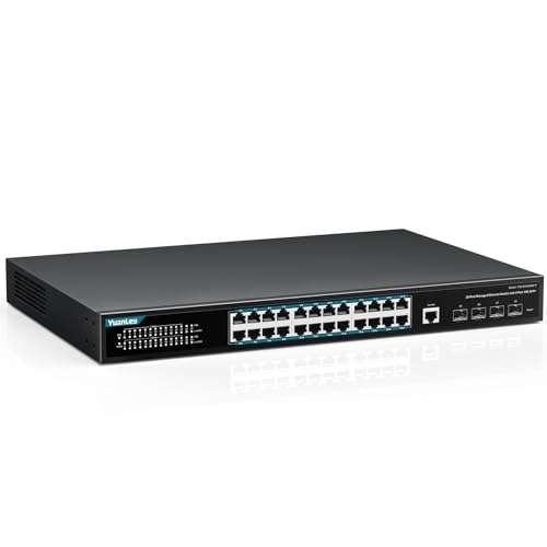 YuanLey 28 Port Gigabit Managed PoE Switch with 24 10/100/1000Mbps PoE+ Ports, 4X 10Gbps SFP+, L3 Smart Managment Ethernet Switch, VLAN, QoS, ACL, SSL, Fanless, Rackmount Network Switch 1