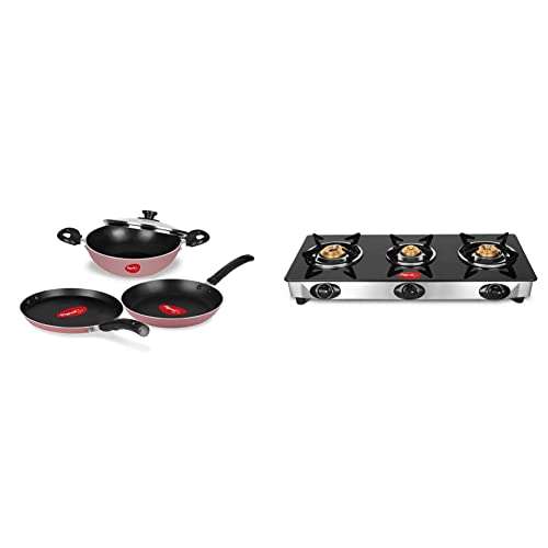 Pigeon by Stovekraft Basics Aluminium Non-Stick Cookware Set, Set of 3 (with one lid), Pink & Favourite 3 Burner Line Cook Top Stove, Black Combo