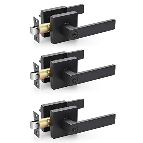 3 Pack Heavy Duty Front/Exterior/Bedroom Doors Locks Door Lever- Door Lock Sets Entry with Keys Modern Durable Door Hardware Reversible Matte Black Finish Handleset 1