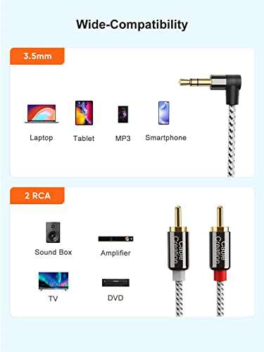 CableCreation 3.5mm to RCA Cable, Angle 3.5mm Male to 2RCA Male Auxiliary Stereo Audio Y Splitter Gold-Plated for Smartphones, MP3, Tablets, Speakers, Echo Dot, Home Theater, HDTV, 10FT/3M 5